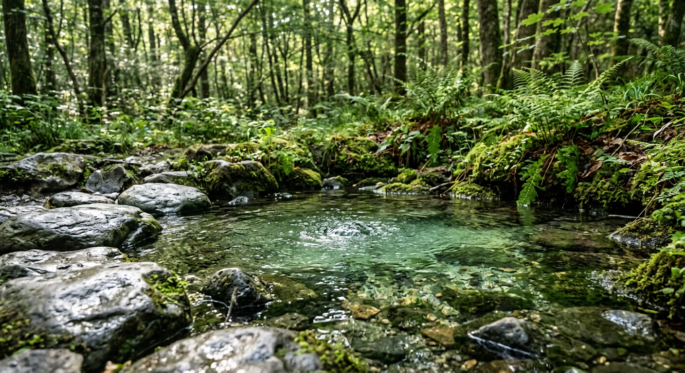 A clear spring welling up through smooth stones and moss in dappled forest light